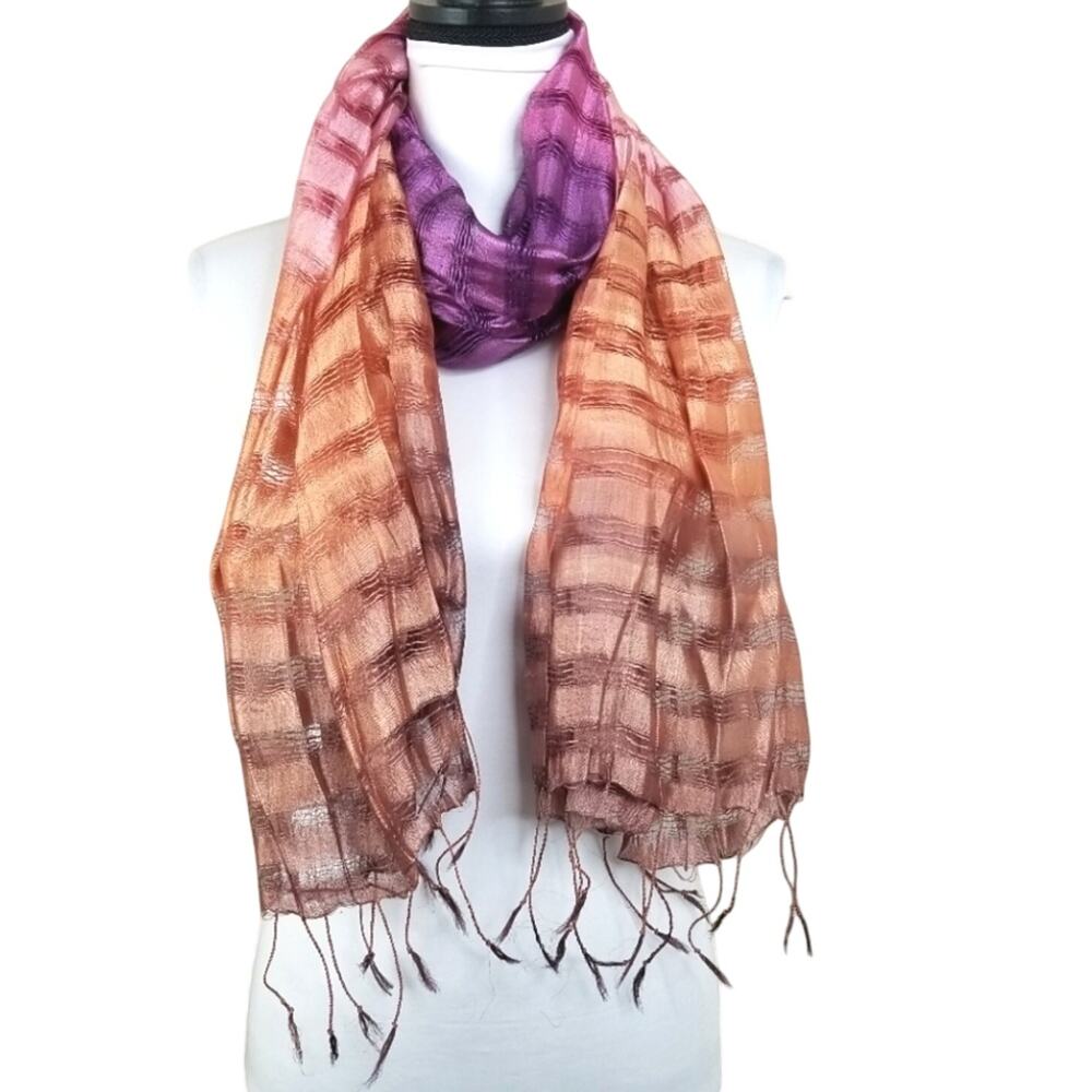 Sheer Rainbow Fringe Silk Scarf Lightweight Gauzy Boho Hippie Ombre 29 x 74